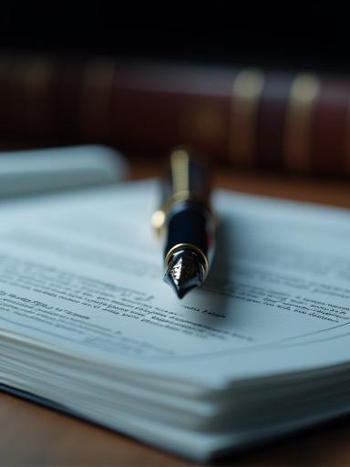 Legal documents and a fountain pen on a wooden table